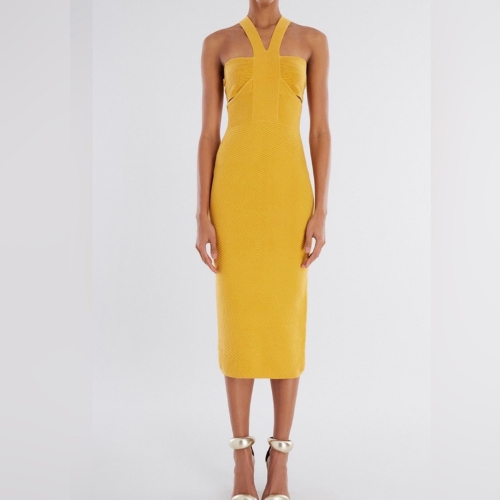 BCBGMAXAZRIA Marigold Ribbed Bandage Midi Dress Halter Bodycon NWT Size M